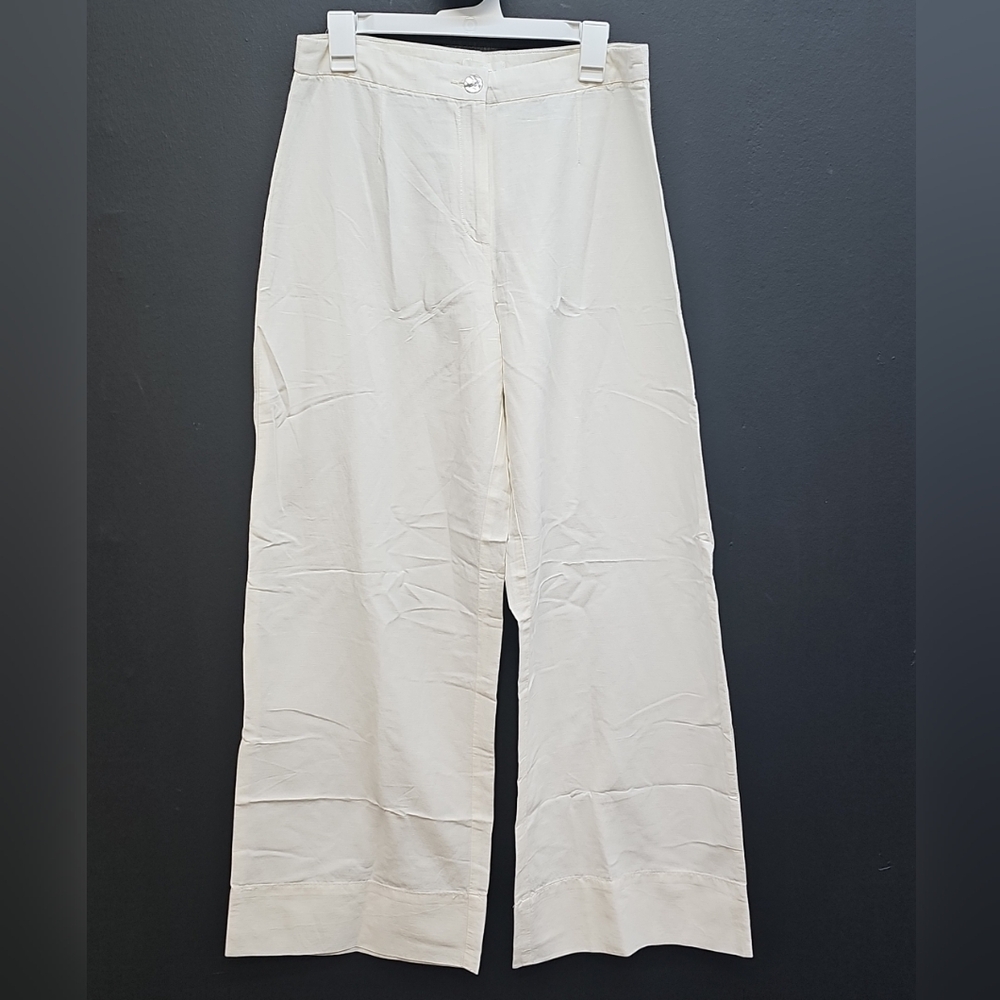 H&M Linen Blend Solid High Waist Wide Leg Women's Trouser Pants US 8 Cream